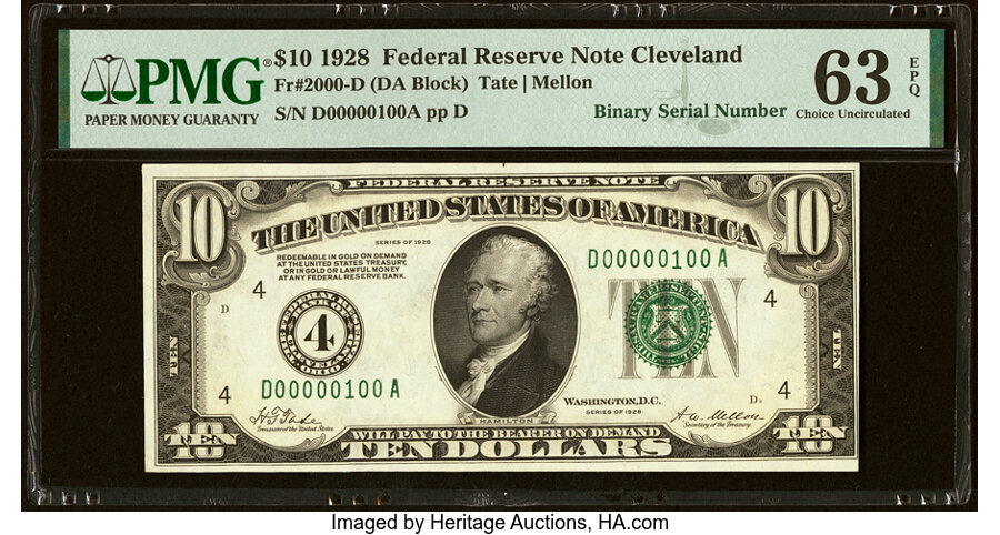 image for: Low Binary Serial Number 100 Fr. 2000-D $10 1928 Federal Reserve Note. PMG Choice Uncirculated 63 EPQ....