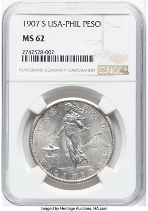 image for: 1907-S Philippines Peso MS62 NGC. Mintage 10,278,000. ...