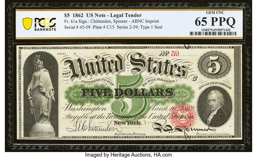image for: Low Serial Number 59 Fr. 61a $5 1862 Legal Tender PCGS Banknote Gem Unc 65 PPQ....