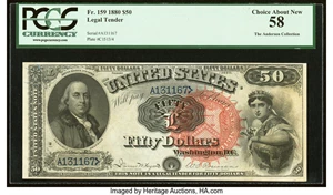 image for: Fr. 159 $50 1880 Legal Tender PCGS Choice About New 58....