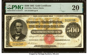 image for: Fr. 1216a $500 1882 Gold Certificate PMG Very Fine 20....