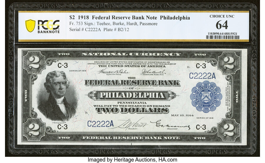 image for: Fancy Serial Number C2222A Fr. 753 $2 1918 Federal Reserve Bank Note PCGS Banknote Choice Unc 64....