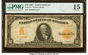 image for: Fr. 1171* $10 1907 Gold Certificate Star PMG Choice Fine 15....