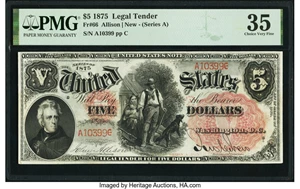 image for: Fr. 66 $5 1875 Legal Tender PMG Choice Very Fine 35....