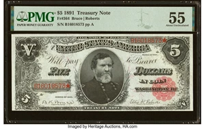 image for: Fr. 364 $5 1891 Treasury Note PMG About Uncirculated 55....