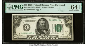 image for: Low Serial Number 25 Fr. 2100-D $50 1928 Federal Reserve Note. PMG Choice Uncirculated 64 EPQ....