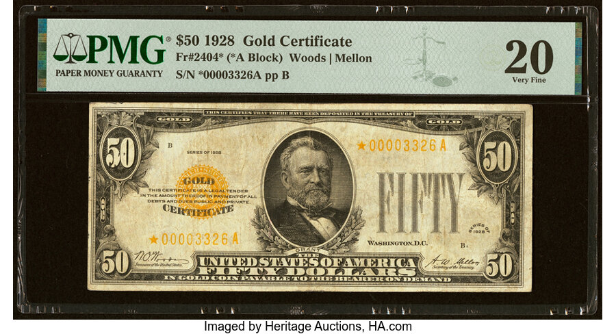 image for: Fr. 2404* $50 1928 Gold Certificate Star. PMG Very Fine 20....