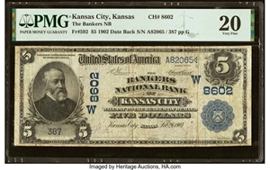 image for: Kansas City, KS - $5 1902 Date Back Fr. 592 The Bankers National Bank Ch. # (W)8602 PMG Very Fine 20....