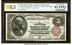 image for: Serial Number 1 Lebanon, PA - $5 1882 Brown Back Fr. 474 The Farmers National Bank Ch. # 4979 PCGS Banknote Uncirculated 62 PP...