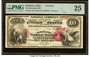 image for: Defiance, OH - $10 1875 Fr. 419 The Merchants National Bank Ch. # 2516 PMG Very Fine 25....
