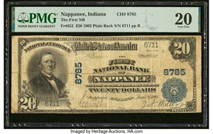 image for: Nappanee, IN - $20 1902 Plain Back Fr. 652 The First National Bank Ch. # 8785 PMG Very Fine 20....