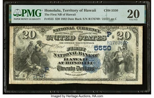 image for: Honolulu, HI - $20 1882 Date Back Fr. 555 The First National Bank of Hawaii Ch. # (P)5550 PMG Very Fine 20....