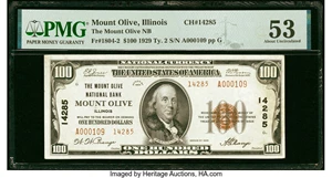 image for: Mount Olive, IL - $100 1929 Ty. 2 The Mount Olive National Bank Ch. # 14285 PMG About Uncirculated 53....
