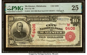 image for: McAlester, OK - $10 1902 Red Seal Fr. 615 The City National Bank Ch. # (W)6406 PMG Very Fine 25....