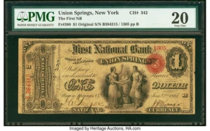 image for: Union Springs, NY - $1 Original Fr. 380 The First National Bank Ch. # 342 PMG Very Fine 20....