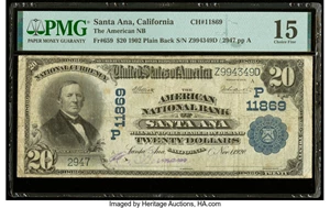 image for: Santa Ana, CA - $20 1902 Plain Back Fr. 659 The American National Bank Ch. # (P)11869 PMG Choice Fine 15....