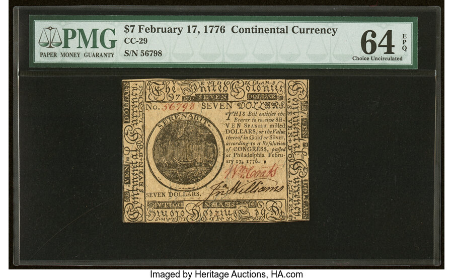 image for: Continental Currency February 17, 1776 $7 PMG Choice Uncirculated 64 EPQ....