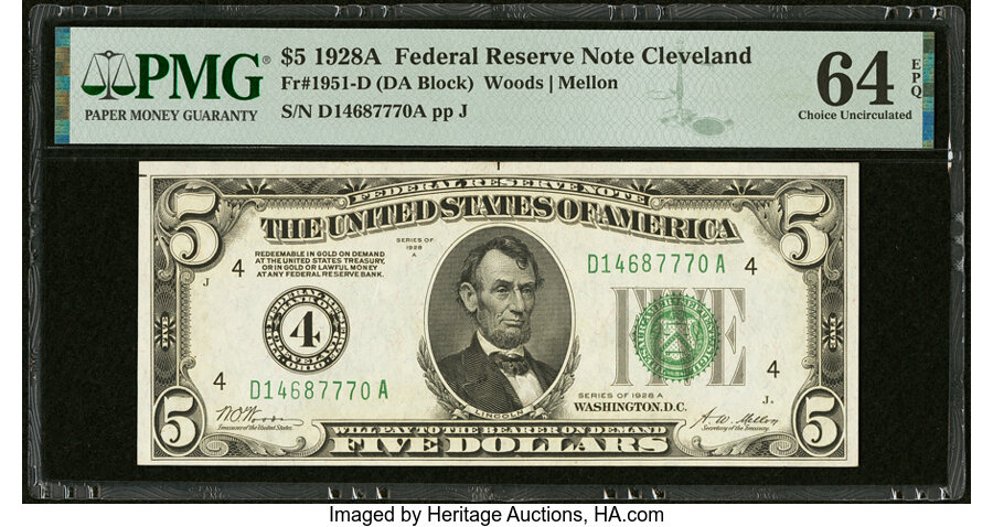 image for: Fr. 1951-D $5 1928A Federal Reserve Note. PMG Choice Uncirculated 64 EPQ....