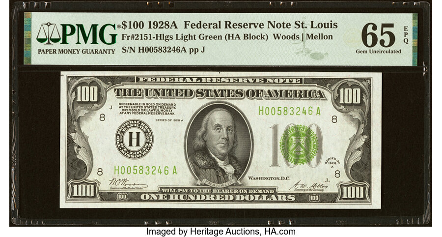 image for: Fr. 2151-H $100 1928A Light Green Seal Federal Reserve Note. PMG Gem Uncirculated 65 EPQ....