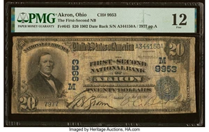 image for: Akron, OH - $20 1902 Date Back Fr. 645 The First-Second National Bank Ch. # (M)9953 PMG Fine 12....