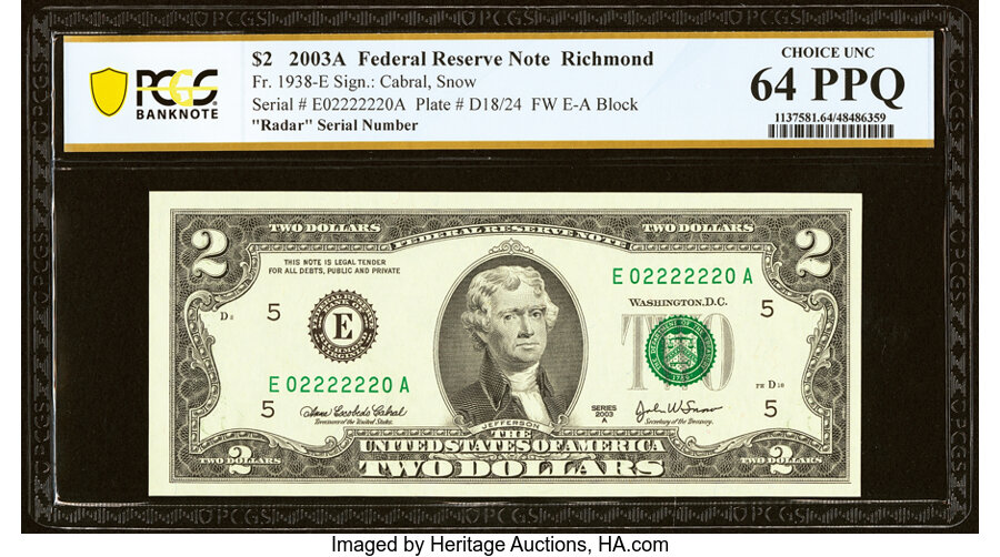 image for: Fancy Radar Serial Number 02222220 Fr. 1938-E $2 2003A Federal Reserve Note. PCGS Banknote Choice Unc 64 PPQ....