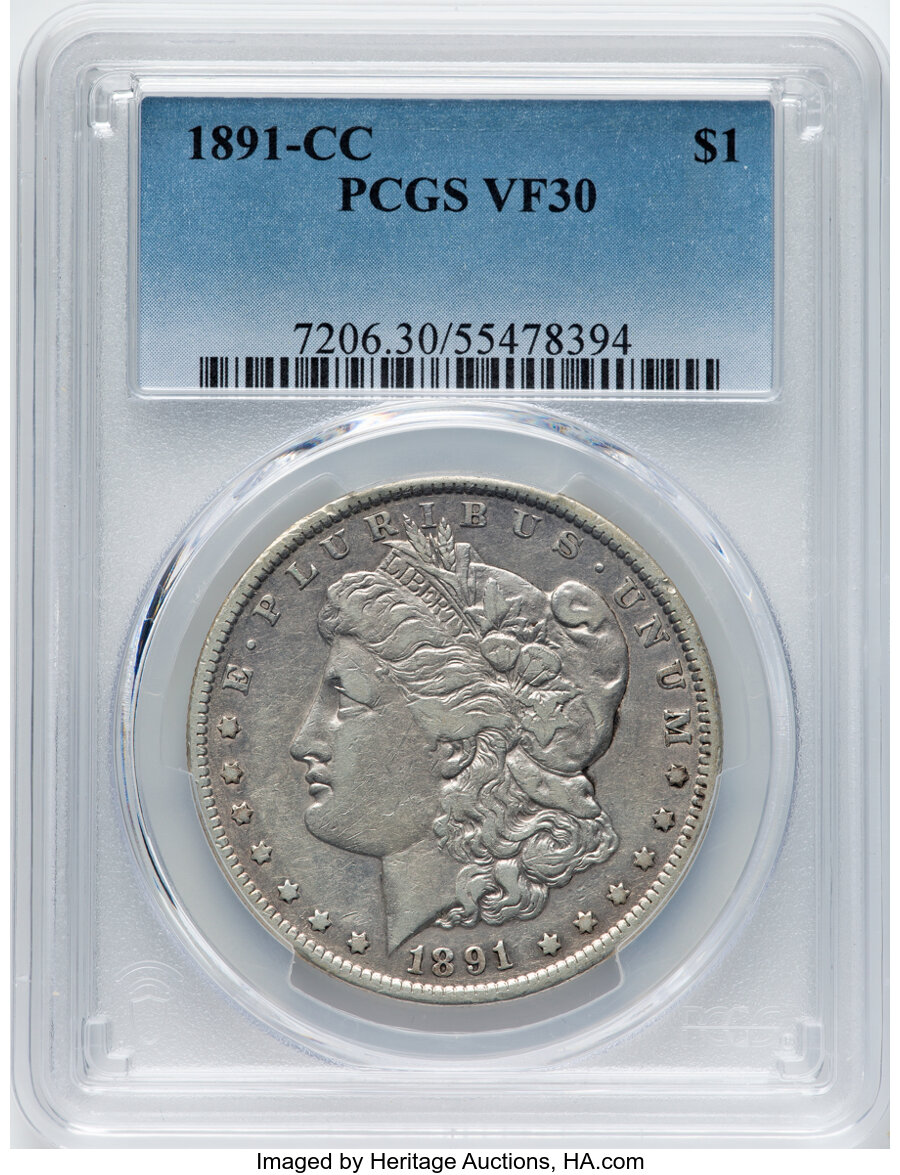 1891-CC $1 VF30 PCGS. Mintage 1,618,000. ...