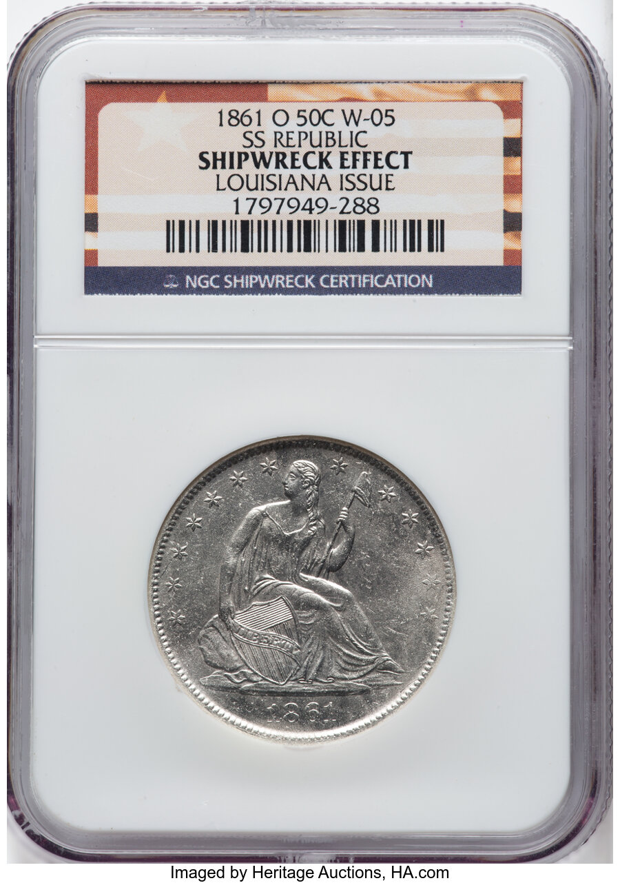 image for: 1861-O 50C WB-101, Die Pair 5, R.4 -- Shipwreck Effect -- NGC. Ex: S.S. Republic. Louisiana issue. Mintage 2,53...