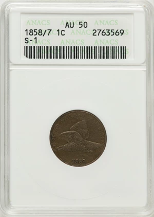 image for: 1858/7 1C Snow-1, FS-301, AU50 ANACS. Large Letters. High Leaves Reverse. Closed E in ONE. Mintage 24,600,000....