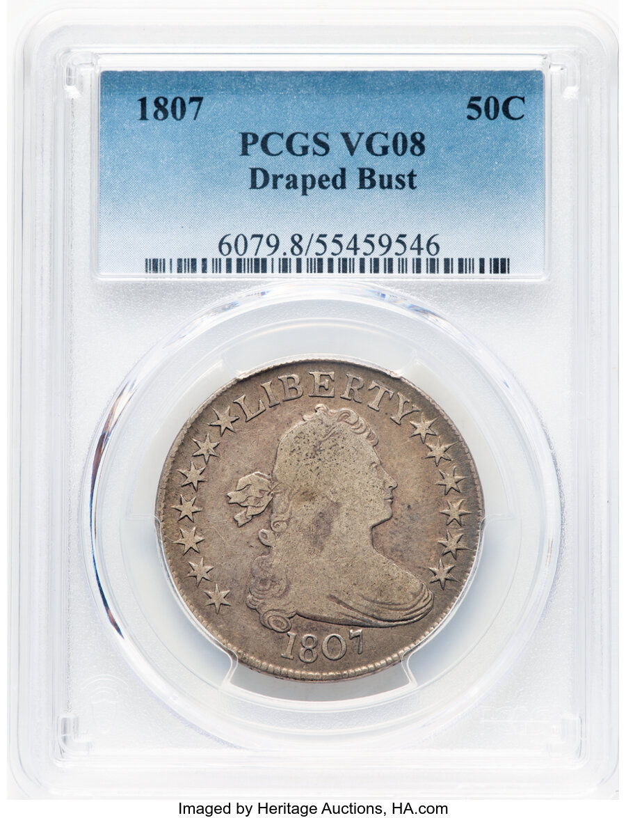image for: 1807 50C Draped Bust, O-108, T-1, Low R.4, VG8 PCGS.  Mintage 301,076....