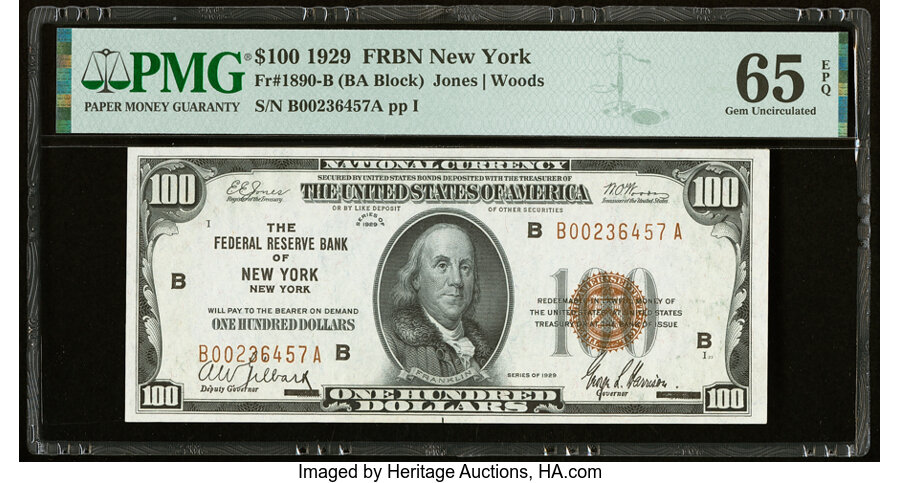 image for: Fr. 1890-B $100 1929 Federal Reserve Bank Note. PMG Gem Uncirculated 65 EPQ....