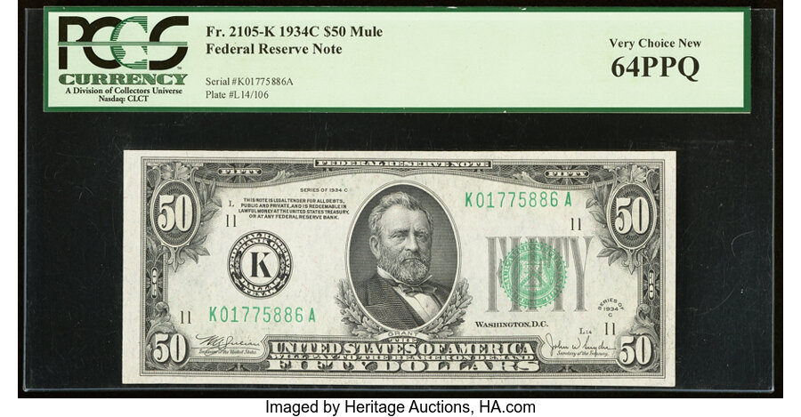 image for: Fr. 2105-K $50 1934C Mule Federal Reserve Note. PCGS Very Choice New 64PPQ....