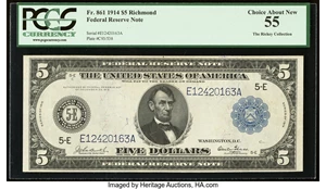image for: Fr. 861 $5 1914 Federal Reserve Note PCGS Choice About New 55....