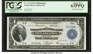 image for: Fancy Serial Number C6000A Fr. 714 $1 1918 Federal Reserve Bank Note PCGS Choice New 63PPQ....