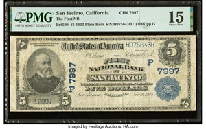 image for: San Jacinto, CA - $5 1902 Plain Back Fr. 599 The First National Bank Ch. # (P)7997 PMG Choice Fine 15....