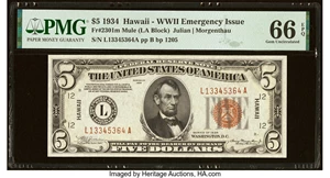 image for: Fr. 2301 $5 1934 Mule Hawaii Federal Reserve Note. PMG Gem Uncirculated 66 EPQ....