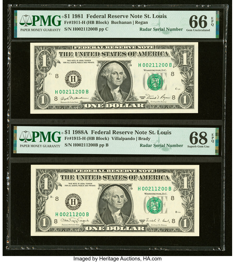 image for: Matching Radar Serial Number 00211200 Fr. 1911-H $1 1981 Federal Reserve Note. PMG Gem Uncirculated 66 EPQ; Fr. 1915-H $1 1988...