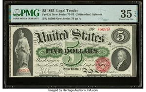 image for: Fr. 63b $5 1863 Legal Tender PMG Choice Very Fine 35 EPQ....