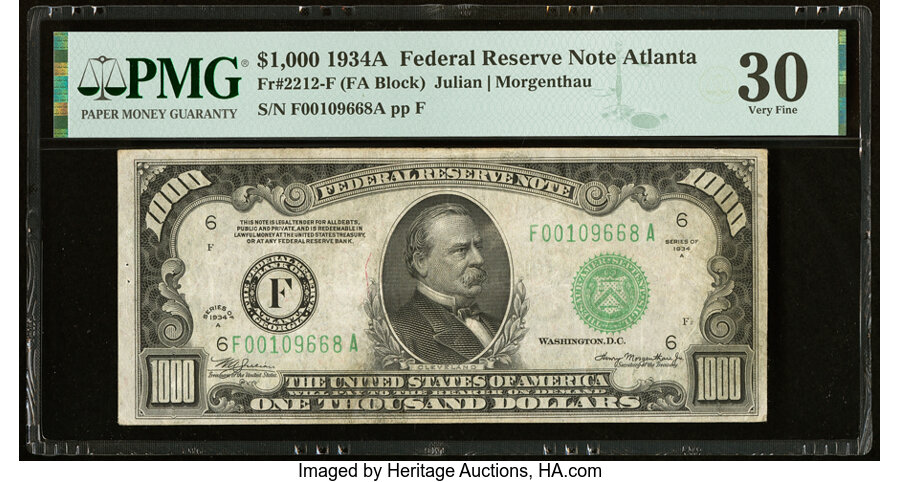 image for: Fr. 2212-F $1,000 1934A Federal Reserve Note. PMG Very Fine 30....