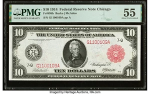 image for: Fr. 898b $10 1914 Red Seal Federal Reserve Note PMG About Uncirculated 55....