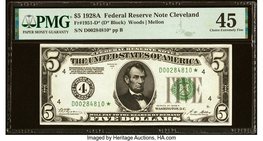 image for: Fr. 1951-D* $5 1928A Federal Reserve Star Note. PMG Choice Extremely Fine 45....