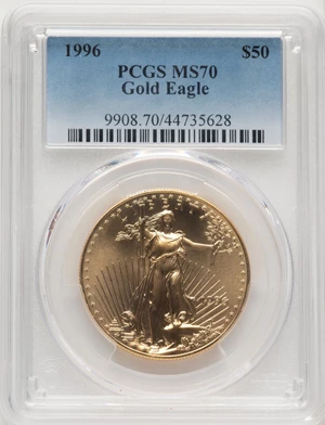 image for: 1996 $50 One-Ounce Gold Eagle MS70 PCGS. Mintage 189,148. ...