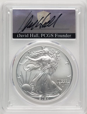 image for: 2024 $1 Silver Eagle, First Day of Issue, MS70 PCGS. Hand-signed, David Hall....