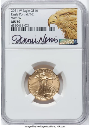 image for: 2021-W $10 Quarter Ounce Gold Eagle, Eagle Portrait Type Two, Unfinished Proof Dies, With W, MS70 NGC. Hand-signed, Jenni...
