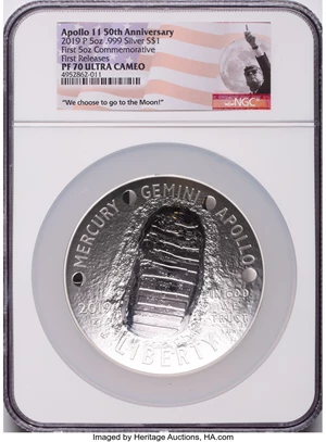 image for: 2019-P $1 Apollo 11 50th Anniversary Silver, First 5oz Commemorative, First Releases, PR70 Ultra Cameo NGC....