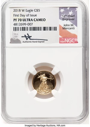 image for: 2018-W G$5 Tenth Ounce Gold Eagle, First Day of Issue, PR70 Ultra Cameo NGC. Hand-signed, John M. Mercanti. NGC Census: (25...
