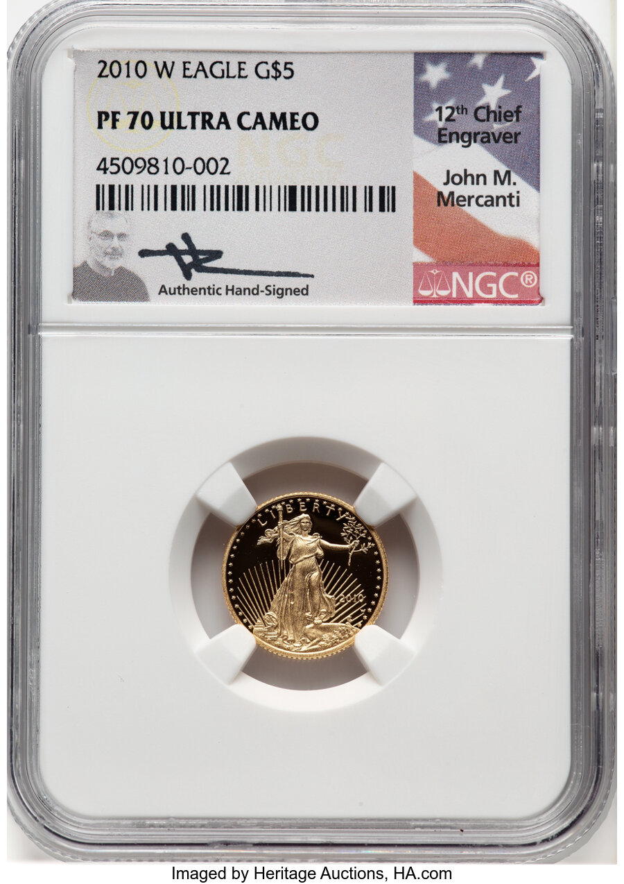 image for: 2010-W $5 Tenth-Ounce Gold Eagle PR70 Ultra Cameo NGC. Hand-signed, John M. Mercanti. NGC Census: (0).  Mintage 54,285....