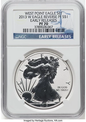 image for: 2013-W $1 Silver Eagle, Reverse Proof, West Point Eagle Set, Early Releases, PR70 NGC. NGC Census: (31418). PCGS Population...