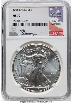 image for: 2015 $1 Silver Eagle MS70 NGC. Authentic Hand-Signed, John M. Mercanti. NGC Census: (8701). PCGS Population: (4940). CDN: $...