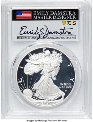 image for: 2021-W $1 Silver Eagle, Type Two, First Strike, Emily S. Damstra Signature, PR70 Deep Cameo PCGS. PCGS Population: (934). N...