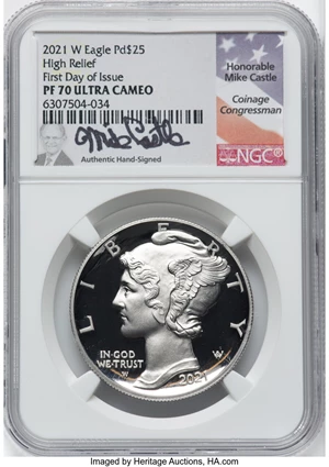image for: 2021-W $25 Palladium Eagle, First Day of Issue, High Relief, PR70 Ultra Cameo NGC. Hand-signed, Mike Castle. NGC Census: (1...